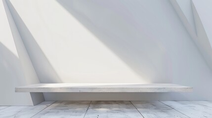Poster - As a backdrop, there is an abstract geometric background with crossed lines, corners, and polygon shapes, and a white wood table in a soft light gradient white color, in an urban minimalist style