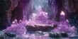 A purple crystal podium, surrounded by crystals and soft lighting, creates an enchanting atmosphere for product display.