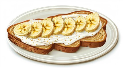 Poster - Die cut a plate of banana toast with cream isolated on white background for sweet dessert, food, cafe, restaurant, menu, recipe, cuisine, food delivery, lunch, brunch, dinner, baking book, vegan