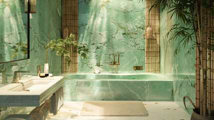 Wall Mural - Relaxing spa bathroom with walls of mint green marble, a deep tub, and natural bamboo details.