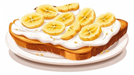 Poster - Die cut a plate of banana toast with cream isolated on white background for sweet dessert, food, cafe, restaurant, menu, recipe, cuisine, food delivery, lunch, brunch, dinner, baking book, vegan