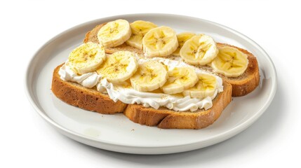 Poster - Die cut a plate of banana toast with cream isolated on white background for sweet dessert, food, cafe, restaurant, menu, recipe, cuisine, food delivery, lunch, brunch, dinner, baking book, vegan