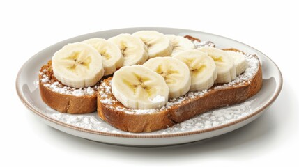 Poster - Die cut a plate of banana toast with cream isolated on white background for sweet dessert, food, cafe, restaurant, menu, recipe, cuisine, food delivery, lunch, brunch, dinner, baking book, vegan