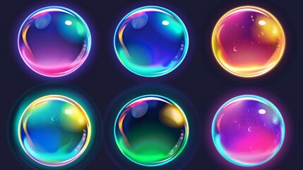 Poster - The bright circle is outlined with a gradient and blurred effect. This is an illustration set of realistic modern illustrations of holographic fluid mesh with a transparent blob and spot with grain