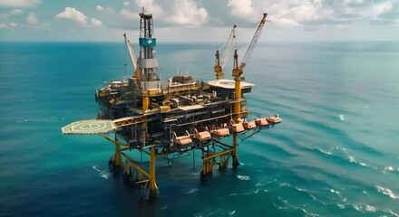 Wall Mural - Constructing an offshore oil rig: A bird's eye view. Concept Offshore Engineering, Oil Rig Construction, Marine Logistics, Deep Water Drilling, Aerial Technology