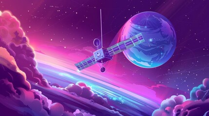 Wall Mural - Cartoon satellite in space. Galaxy station design with planet in sky. Hologram for communication with the earth and GPS network clipart. Futuristic technology to travel into space.