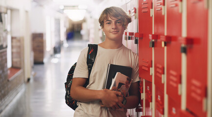 Poster - Boy, portrait and hallway as high school student by lockers with books for education, scholarship or campus. Male person, face and learning development with backpack in corridor, academic or study