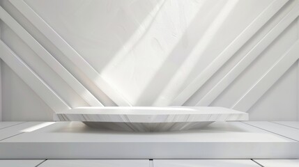 Poster - In an elegant abstract geometric style with polygons as backgrounds, a soft light white abstract stage with a white wood shelf is ideal for advertisements, presentations of products, and design