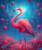 Fototapeta Motyle - Flamingo and feathers in the night beautiful pink and blue colours.
