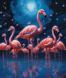 Fototapeta Motyle - Group of flamingos enjoying the water at night time