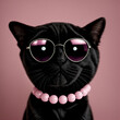 black cat wear sunglasses pink background.