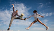 © Volodymyr - Crazy couple having fun outdoor. Crazy summer. Junping excited couple on sky. Crazy young couple having fun on summer sunny day near sky background. Crazy couples jump.