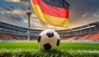 German flag with football in a stadium for the European Championship, Berlin City Skyline