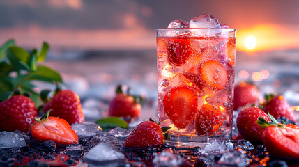 A glass of strawberry soda with ice cubes and strawberries on the table