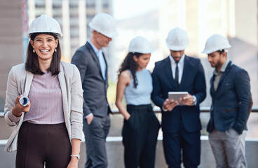 Poster - Team, industry and construction workers on rooftop in city for building maintenance or repairs. Smile, architecture and group of industrial people working in collaboration on balcony in town.