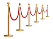 Barriers with red rope line. VIP zone, closed event restriction. Realistic image of golden poles with velvet rope. Isolated on white background