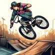 Extreme sports competitions: athlete on a BMX bike performs a trick in a high jump