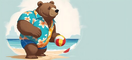 Wall Mural - Beach Ball Bear This bear wears swim trunks with a matching Hawaiian shirt, ready for a game of beach volleyball or building sandcastles.