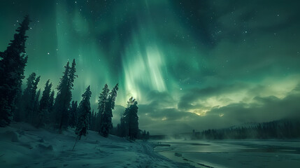 Wall Mural - A photo featuring an ethereal aurora dancing over a frozen landscape. Highlighting the shimmering lights in the night sky, while surrounded by snow-covered trees