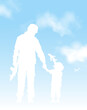 Silhouette of a armed soldier holding little boy`s hand against the blue sky. Vector illustration