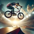 Extreme sports competitions: athlete on a BMX bike performs a trick in a high jump