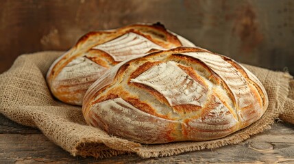 Freshly sliced traditional sourdough bread on rustic wooden background, delicious homemade bakery