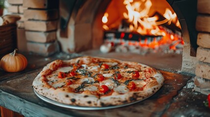 Traditional pizza cooking process in a wood-fired oven with visible flames creating a delicious meal