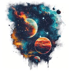 Poster - Colorful grunge illustration of planets and stars. Space background. Cosmic art. Perfect for t-shirt