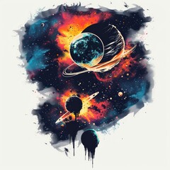 Poster - Colorful grunge illustration of planets and stars. Space background. Cosmic art. Perfect for t-shirt