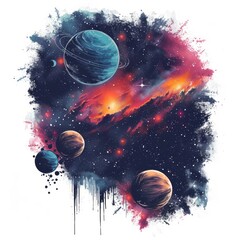 Poster - Colorful grunge illustration of planets and stars. Space background. Cosmic art. Perfect for t-shirt