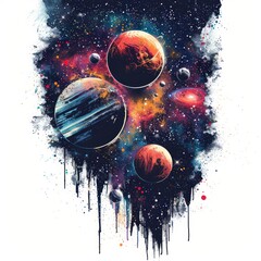 Poster - Colorful grunge illustration of planets and stars. Space background. Cosmic art. Perfect for t-shirt