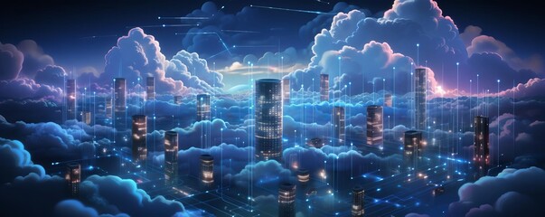 Wall Mural - A cityscape with a lot of buildings and clouds in the sky. The buildings are lit up at night, giving the scene a futuristic and otherworldly feel