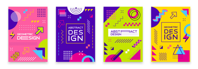 Memphis abstract modern geometric posters with simple shapes and minimal figures, vector backgrounds. Memphis posters or cover templates with geometric figures and isometric shapes or line patterns