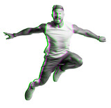 Dobrze zbudowany, młody mężczyzna w sportowym stroju z zarysem mięśni skacze do góry. Kolorowy glitch Przezroczyste tło.	