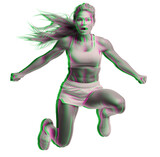 Dobrze zbudowana, młoda kobieta w sportowym stroju z zarysem mięśni skacze do góry. Kolorowy glitch. Przezroczyste tło.	