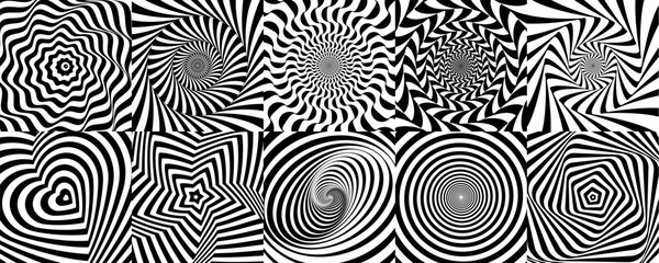 Aufkleber - Hypnotic spiral pattern and psychedelic hypnosis swirls, vector backgrounds. Abstract optical illusion and hypnotic patterns with trippy black and white twist distortion, warp heart and star shapes