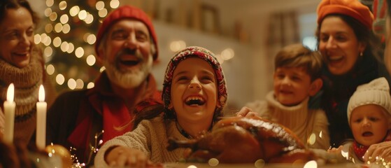 Wall Mural - Families singing Christmas carols together, dancing behind the table, and lighting sparklers at Christmas dinner.