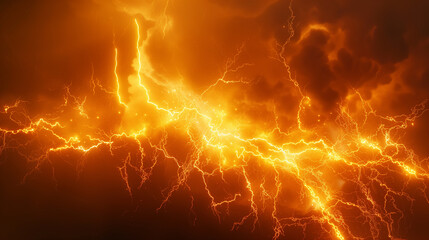 A bright orange sky with lightning bolts and a stormy atmosphere