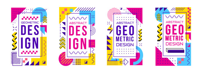 Poster - Abstract modern geometric Memphis posters and banners, vector cover templates. Memphis pattern posters with minimal line shapes and abstract geometric figures of wave lines or dots in halftone
