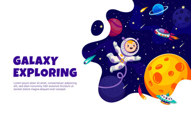Poster - Kid astronaut in outer space, galaxy landscape with UFO, spaceship and planets. Space exploration, galaxy research vector horizontal banner with cheerful kid astronaut character among galaxy stars