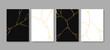 Golden Kintsugi cracks on black and white marble texture, vector ceramic tile backgrounds. Kintsugi golden cracks pattern with abstract gold foil crackles or Kintsukuroi effect on marble stones