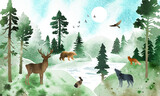 Fototapeta Dinusie - Watercolor vector nature illustration with coniferous forest, river and animals. Summer landscape. Silhouette of firs, pines, deer, hare, fox, wolf, bear and birds under blue sky