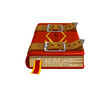 Game book, with red cover, All-seeing eye arcane symbol and leather belts. Isolated cartoon vector mystical tome hinting at the enchanting adventure within. Alchemy, wicca, witchcraft or wizardry book