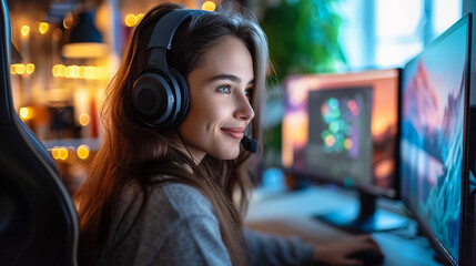 a woman is sitting in front of two computer monitors with headphones on and smiling,