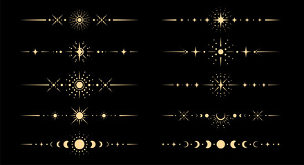 Wall Mural - fantasy celestial borders and dividers. vector set of lines with mystical esoteric sun, crescent moo