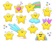 Cartoon cute funny kawaii stars and twinkle characters in the sky with clouds and rainbow. Vector shooting stars personages with happy faces and yellow shine, sunglasses, hearts, ribbons and bow tie