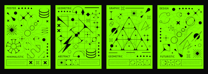 Aufkleber - Brutal Y2K posters of abstract geometric shapes on acid green background, vector cover template. Retro futuristic elements, geometric shapes, tech forms and minimalistic symbols for brutal Y2K posters