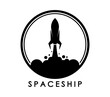 Spaceship, space rocket icon. Isolated emblem of black spacecraft silhouette launch, ascending with smoke clouds inside of circle, conveying innovation, travel, exploration and technology progress