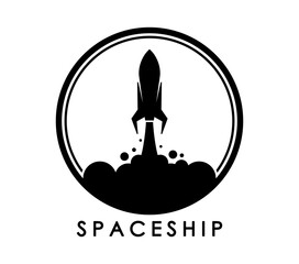 Poster - Spaceship, space rocket icon. Isolated emblem of black spacecraft silhouette launch, ascending with smoke clouds inside of circle, conveying innovation, travel, exploration and technology progress