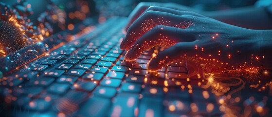 Poster - an image of a businessman using a computer keyboard with email, call phone, address, chat message, c